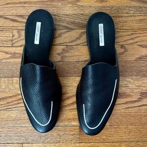 U-Dot Black Leather Mules with White Stitching detail